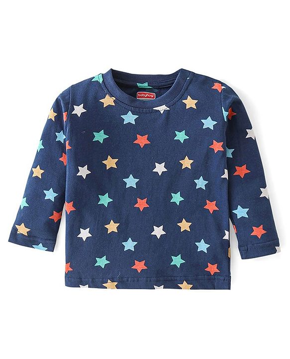 Babyhug Cotton Knit Full Sleeves Night Suit With Star Print - Navy Blue