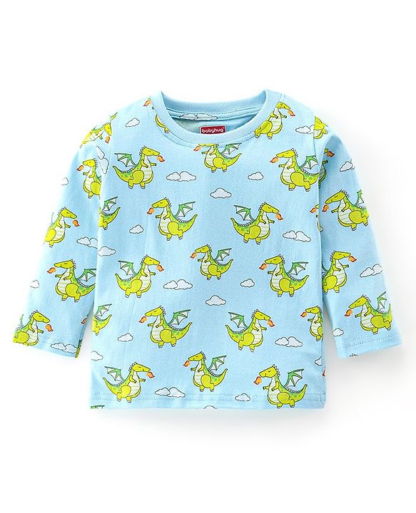 Babyhug Cotton Knit Full Sleeves Dragon Printed Night Suit - Blue