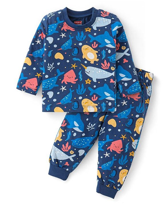 Babyhug Cotton Knit Full Sleeves Night Suit With Marine Life Print - Navy Blue