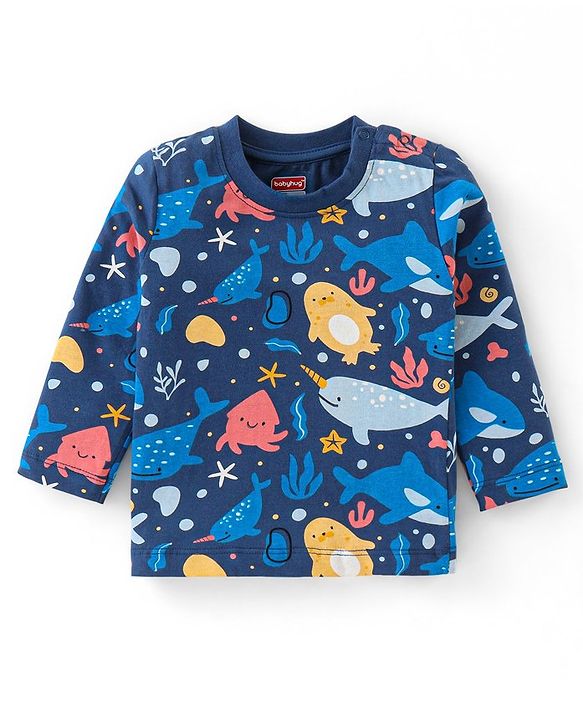 Babyhug Cotton Knit Full Sleeves Night Suit With Marine Life Print - Navy Blue