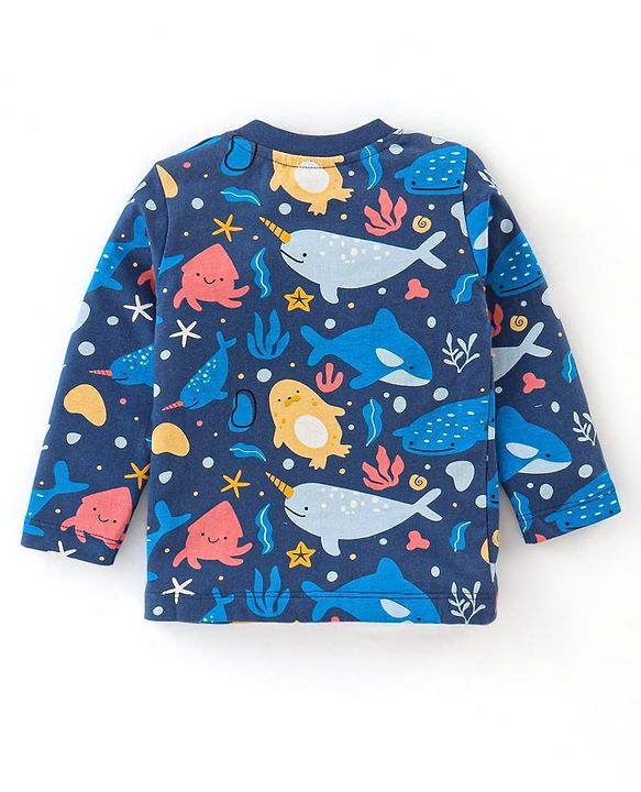 Babyhug Cotton Knit Full Sleeves Night Suit With Marine Life Print - Navy Blue