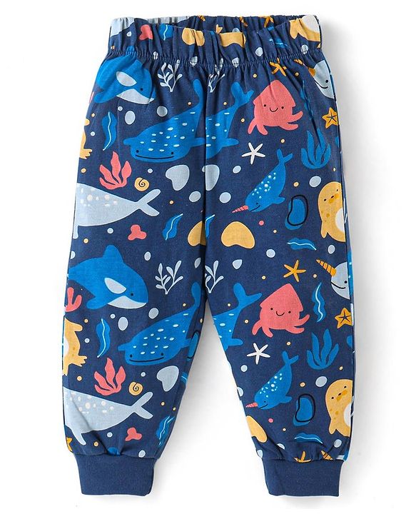 Babyhug Cotton Knit Full Sleeves Night Suit With Marine Life Print - Navy Blue
