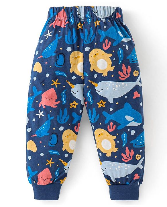 Babyhug Cotton Knit Full Sleeves Night Suit With Marine Life Print - Navy Blue