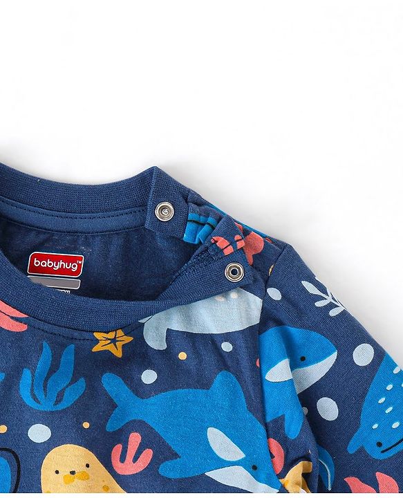Babyhug Cotton Knit Full Sleeves Night Suit With Marine Life Print - Navy Blue