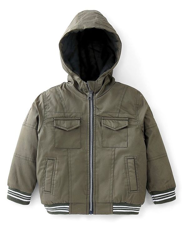 Babyhug Full Sleeves Solid Colored Hooded Bomber Jacket with Pockets - Olive