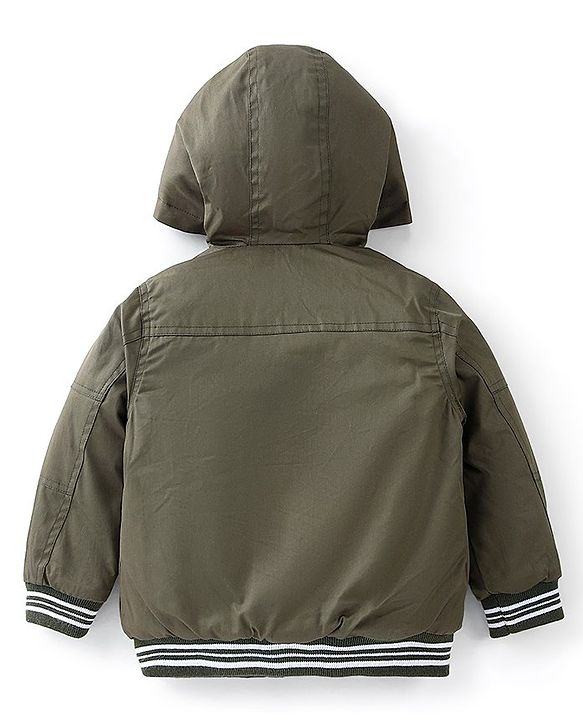 Babyhug Full Sleeves Solid Colored Hooded Bomber Jacket with Pockets - Olive