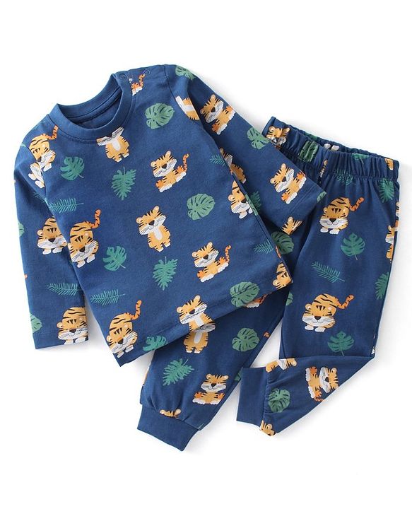 Babyhug Cotton Knit Full Sleeves Night Suit With Tiger Print - Navy Blue