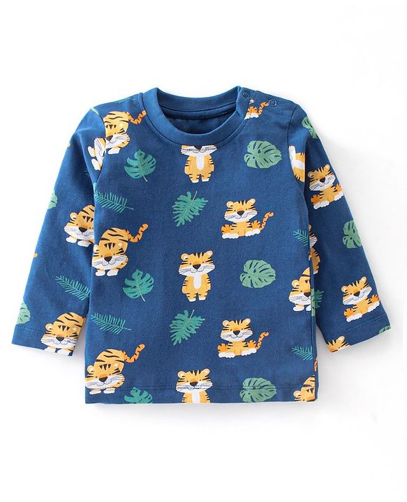 Babyhug Cotton Knit Full Sleeves Night Suit With Tiger Print - Navy Blue