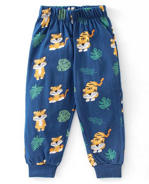 Babyhug Cotton Knit Full Sleeves Night Suit With Tiger Print - Navy Blue