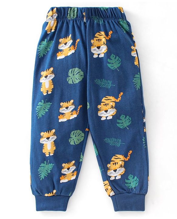 Babyhug Cotton Knit Full Sleeves Night Suit With Tiger Print - Navy Blue