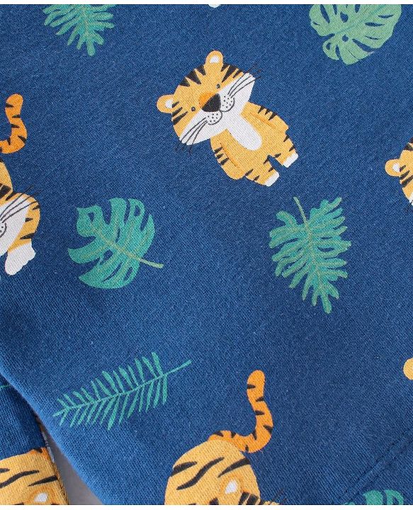 Babyhug Cotton Knit Full Sleeves Night Suit With Tiger Print - Navy Blue