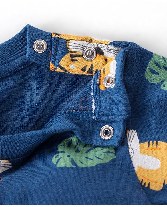 Babyhug Cotton Knit Full Sleeves Night Suit With Tiger Print - Navy Blue