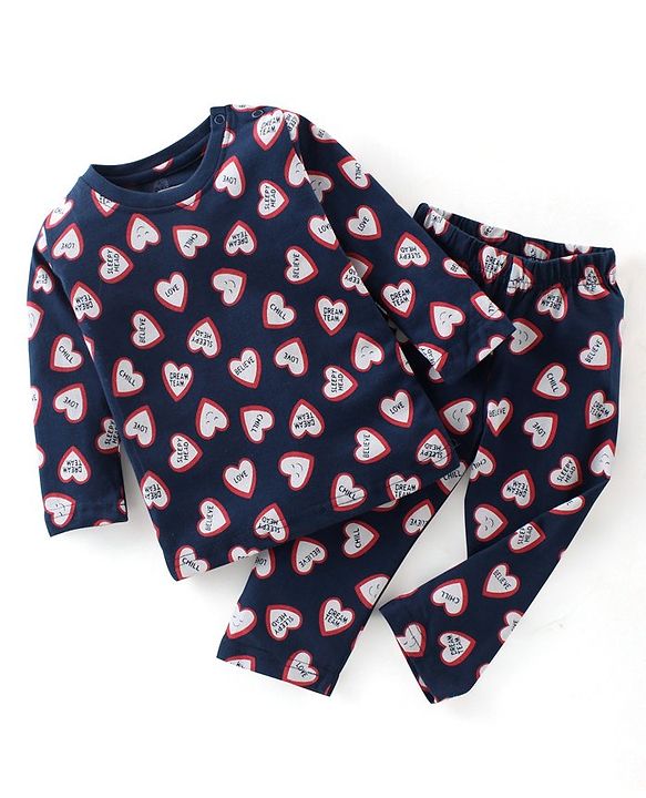Babyhug Cotton Single Jersey Knit Full Sleeves Night Suit Heart Print - Navy Blue