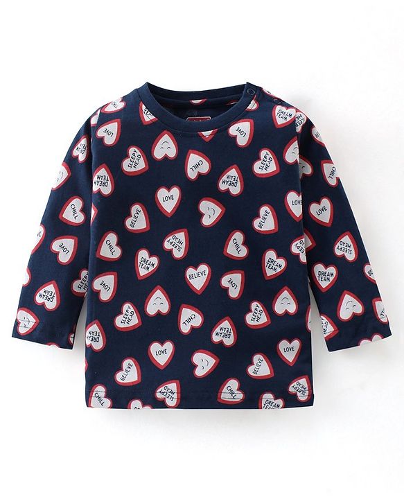 Babyhug Cotton Single Jersey Knit Full Sleeves Night Suit Heart Print - Navy Blue