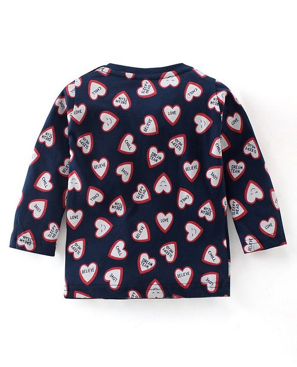 Babyhug Cotton Single Jersey Knit Full Sleeves Night Suit Heart Print - Navy Blue