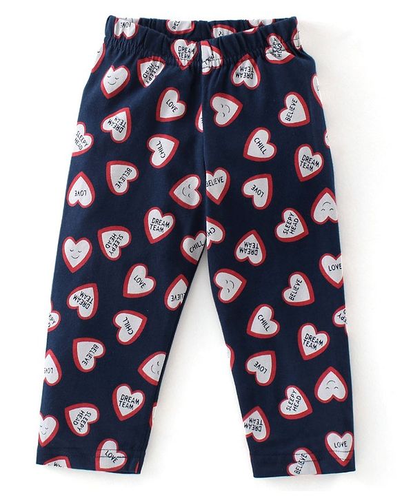 Babyhug Cotton Single Jersey Knit Full Sleeves Night Suit Heart Print - Navy Blue