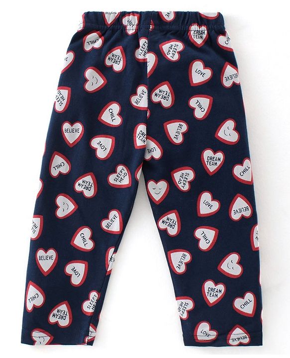 Babyhug Cotton Single Jersey Knit Full Sleeves Night Suit Heart Print - Navy Blue
