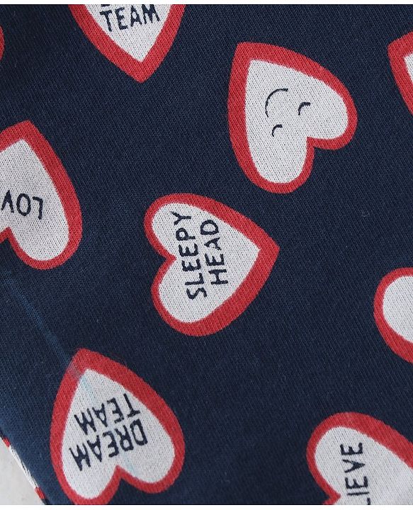 Babyhug Cotton Single Jersey Knit Full Sleeves Night Suit Heart Print - Navy Blue