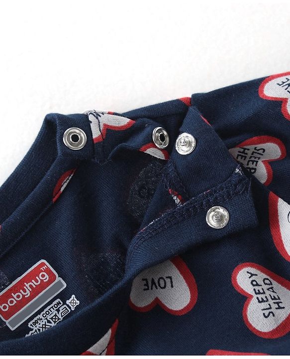Babyhug Cotton Single Jersey Knit Full Sleeves Night Suit Heart Print - Navy Blue