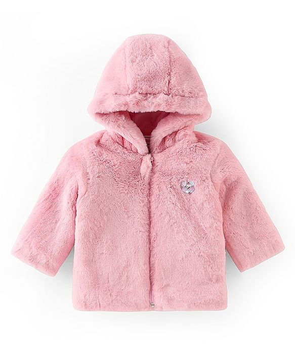 Babyhug Cotton Knit Full Sleeves Hooded Jacket With Sequine Detailing - Pink