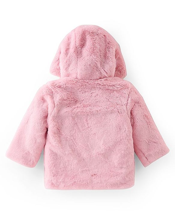 Babyhug Cotton Knit Full Sleeves Hooded Jacket With Sequine Detailing - Pink