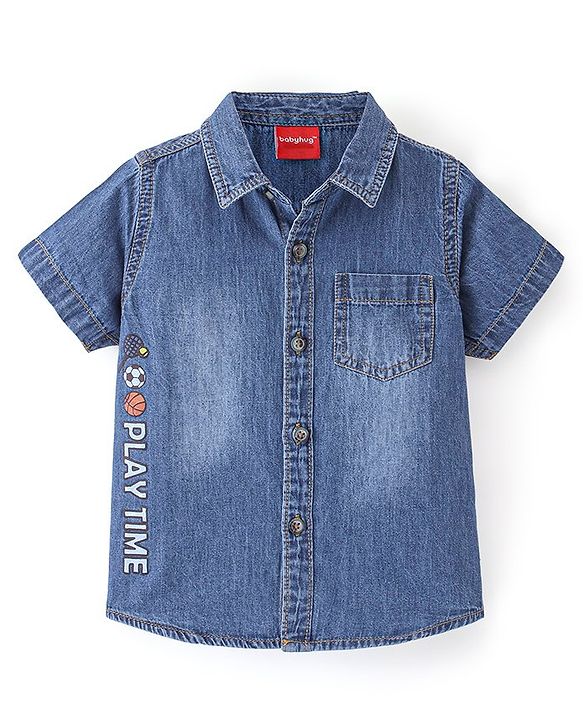 Babyhug Denim Woven Half Sleeves Shirt Sports Print - Blue