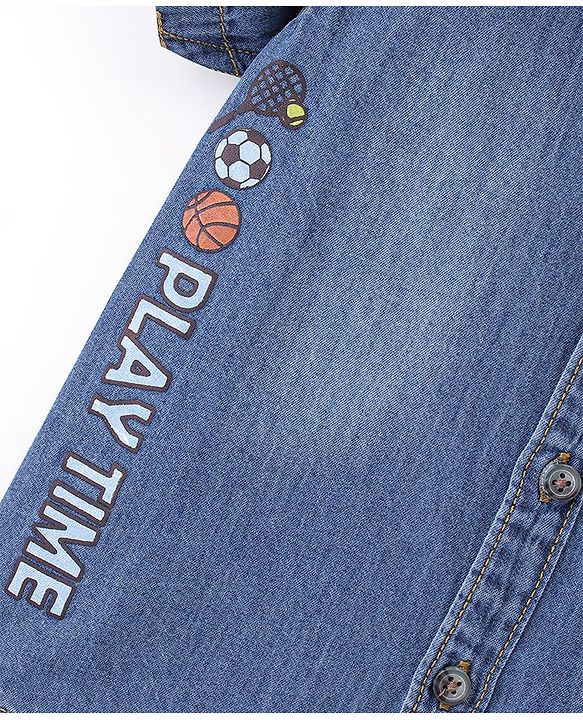 Babyhug Denim Woven Half Sleeves Shirt Sports Print - Blue