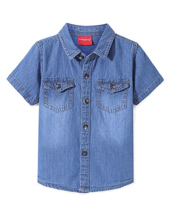 Babyhug Cotton Woven Half Sleeves Two Pockets Solid Denim Shirt - Blue