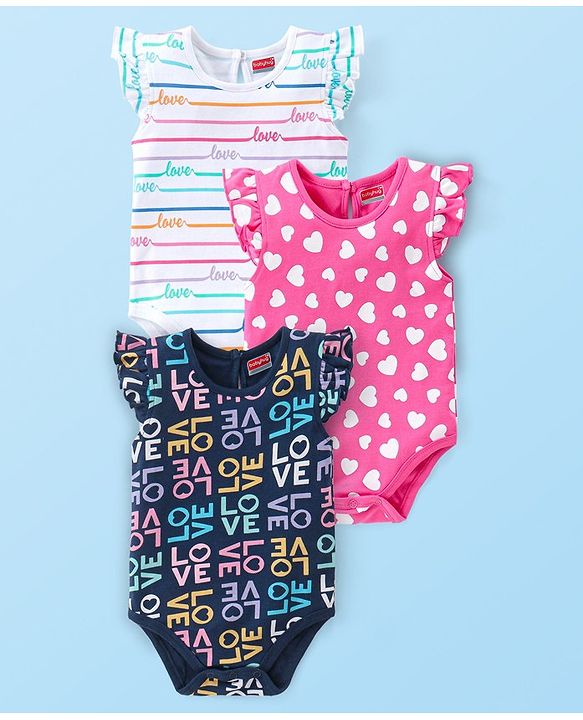 Babyhug 100% Cotton Interlock Cap Sleeves Onesies Love Print Pack of 3 - Multicolor