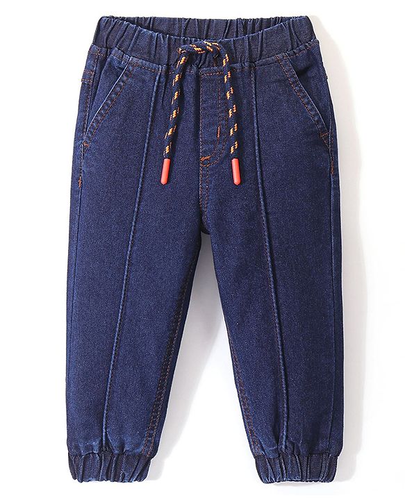 Babyhug Full Length Stretchable Solid Color Denim Jogger Dark Blue (Drawstring Colour May Vary)