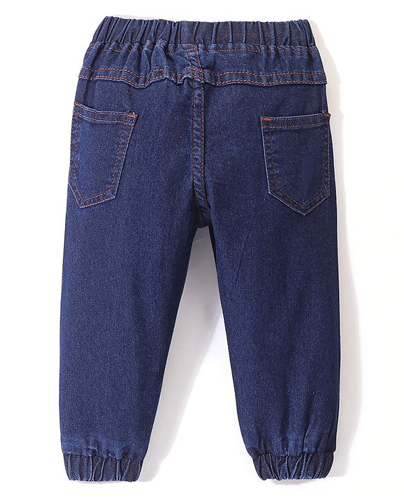 Babyhug Full Length Stretchable Solid Color Denim Jogger Dark Blue (Drawstring Colour May Vary)