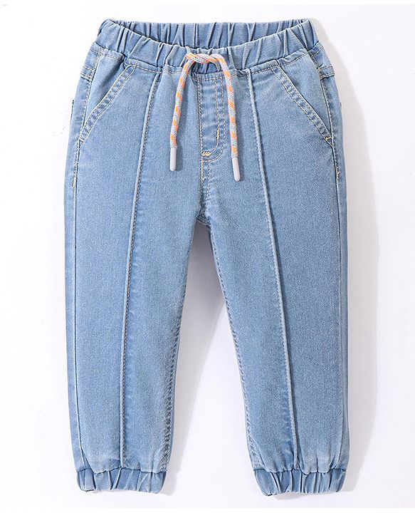 Babyhug Full Length Stretchable Solid Color Denim Jogger Light Blue (Drawstring Colour May Vary)