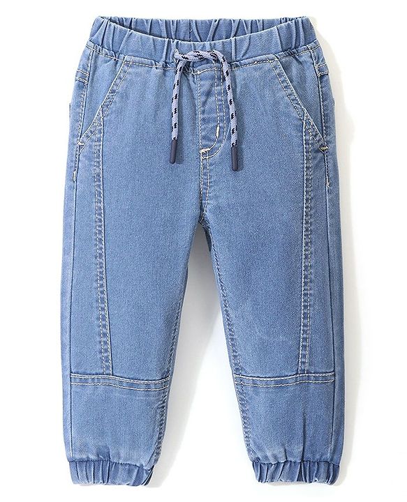 Babyhug Full Length Stretchable Solid Color Denim Jogger - Light Blue