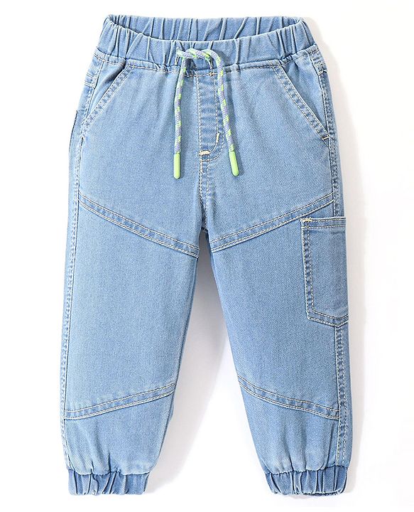 Babyhug Full Length Stretchable Solid Color Denim Jogger - Light Blue