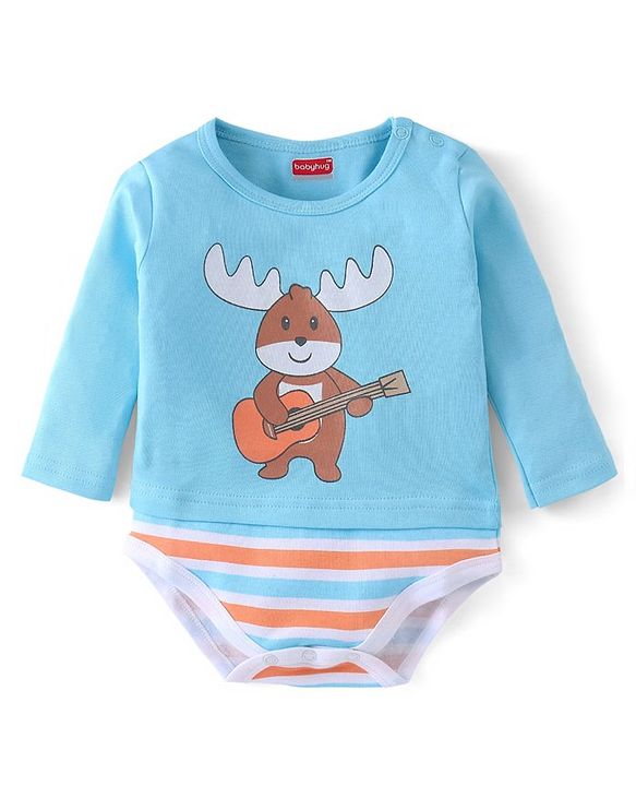Babyhug 100% Cotton Knit Full Sleeves Onesies Reindeer Print - Blue