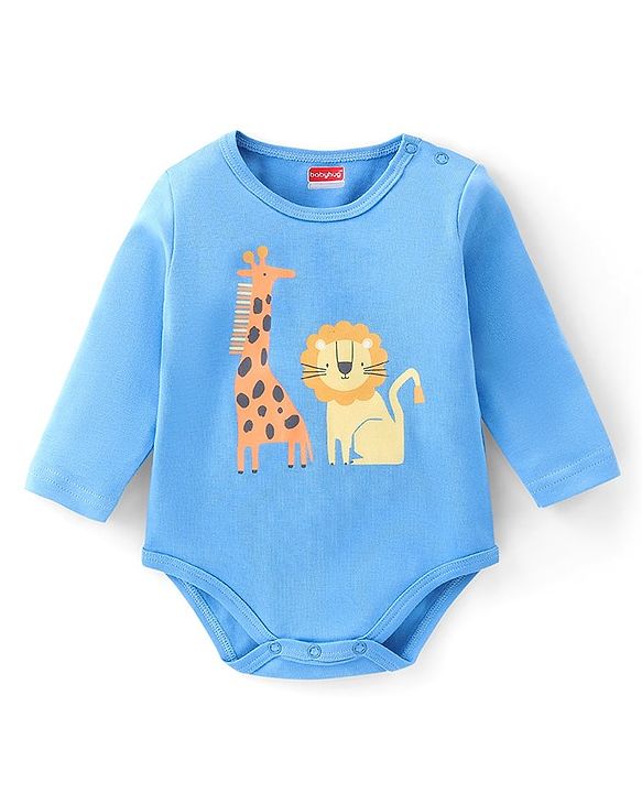 Babyhug 100% Cotton Full Sleeves Lion Printed Onesies with Cap Mittens & Booties - Blue