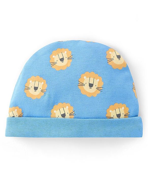 Babyhug 100% Cotton Full Sleeves Lion Printed Onesies with Cap Mittens & Booties - Blue