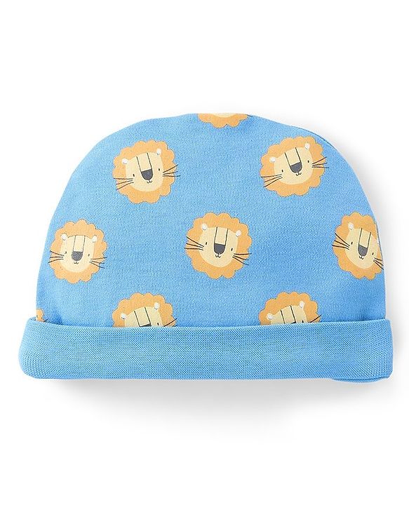 Babyhug 100% Cotton Full Sleeves Lion Printed Onesies with Cap Mittens & Booties - Blue