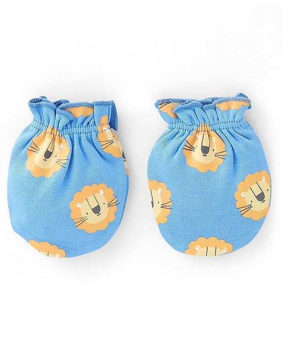 Babyhug 100% Cotton Full Sleeves Lion Printed Onesies with Cap Mittens & Booties - Blue