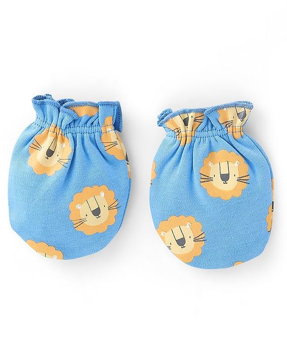Babyhug 100% Cotton Full Sleeves Lion Printed Onesies with Cap Mittens & Booties - Blue