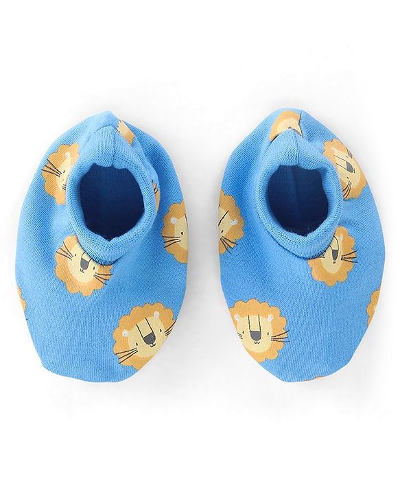 Babyhug 100% Cotton Full Sleeves Lion Printed Onesies with Cap Mittens & Booties - Blue