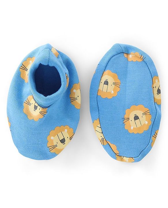 Babyhug 100% Cotton Full Sleeves Lion Printed Onesies with Cap Mittens & Booties - Blue