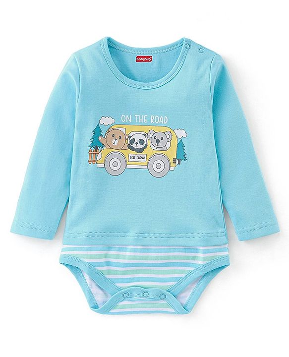 Babyhug 100% Cotton Knit Full Sleeves Onesie Bear  & Panda Print - Blue