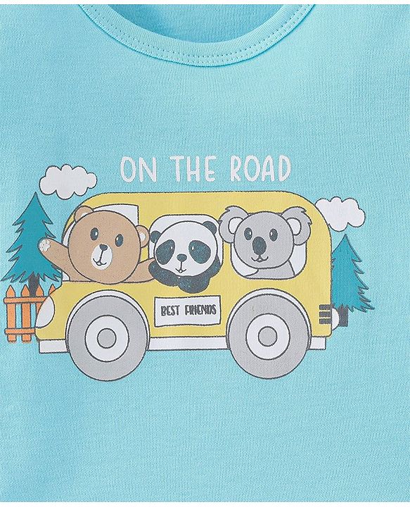 Babyhug 100% Cotton Knit Full Sleeves Onesie Bear  & Panda Print - Blue