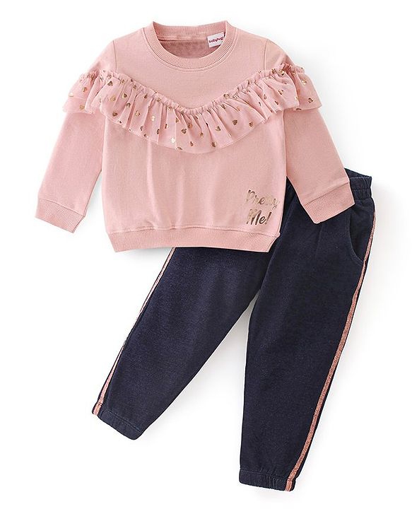 Babyhug 100% Cotton Knit Full Sleeves Top & Legging Set Heart Print - Pink & Blue
