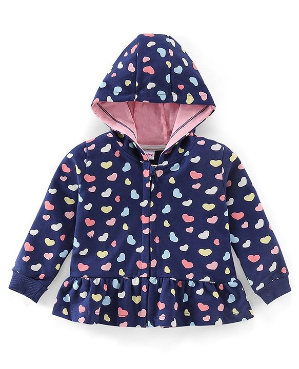 Babyhug Cotton Knit Full Sleeves Hooded Sweatjacket with Heart Print - Navy Blue