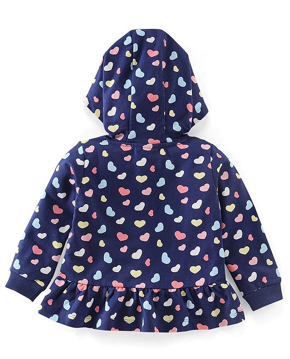 Babyhug Cotton Knit Full Sleeves Hooded Sweatjacket with Heart Print - Navy Blue