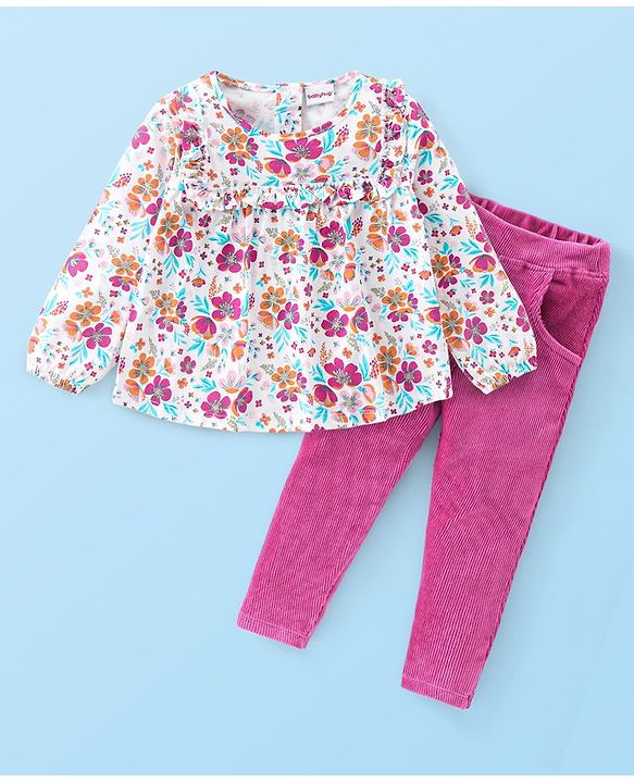 Babyhug 100% Cotton Knit Full Sleeves Top & Corduroy Jegging With Floral Print - White & Purple
