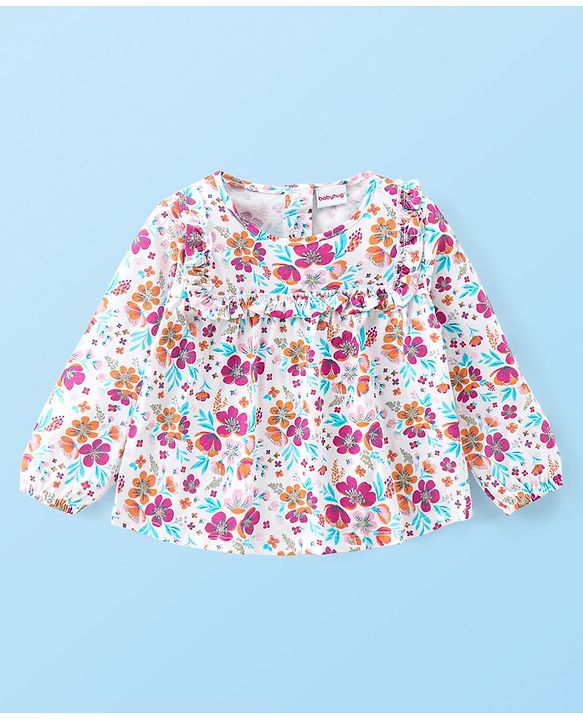 Babyhug 100% Cotton Knit Full Sleeves Top & Corduroy Jegging With Floral Print - White & Purple