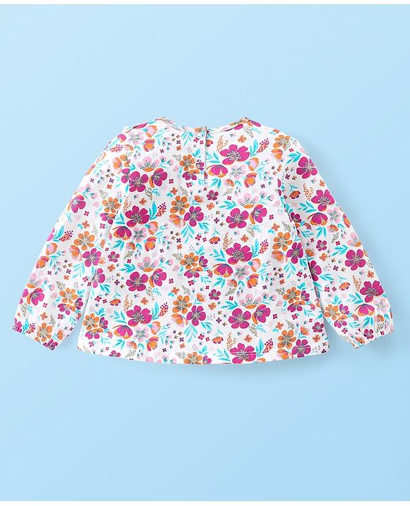 Babyhug 100% Cotton Knit Full Sleeves Top & Corduroy Jegging With Floral Print - White & Purple